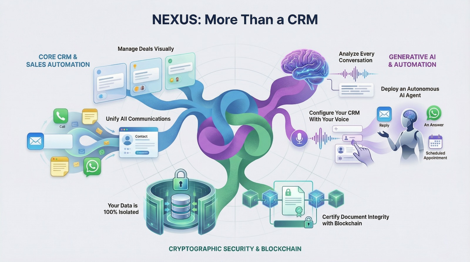 Nexus CRM Platform Overview showing AI, blockchain, and communication capabilities